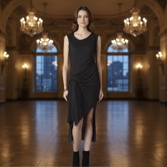 AllSaints Dresses & Skirts - AllSaints Draped Knot Front Asymmetrical Midi Dress Charcoal Grey US 4 UK 8